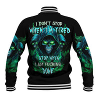 Black varsity baseball jacket with green-blue flame skull back graphic and striped trims