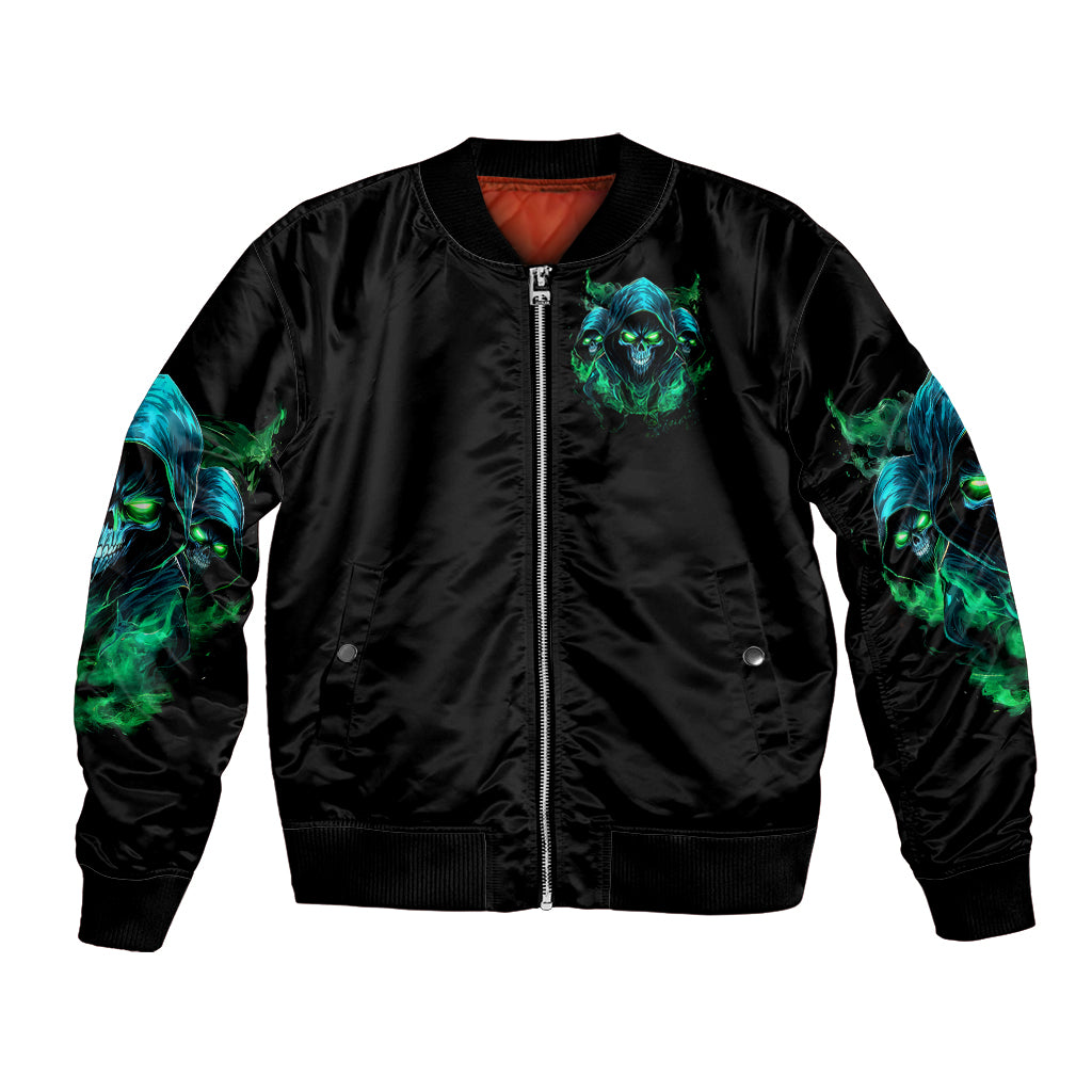 Black bomber jacket with front zipper, neon skull patch, and green-blue flame graphics on sleeves