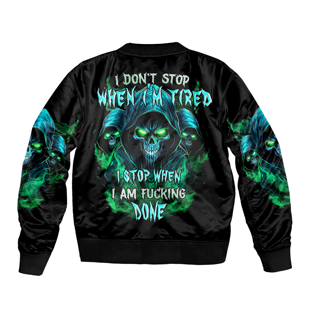Black bomber jacket with neon skull graphic and flame text on the back, ribbed cuffs