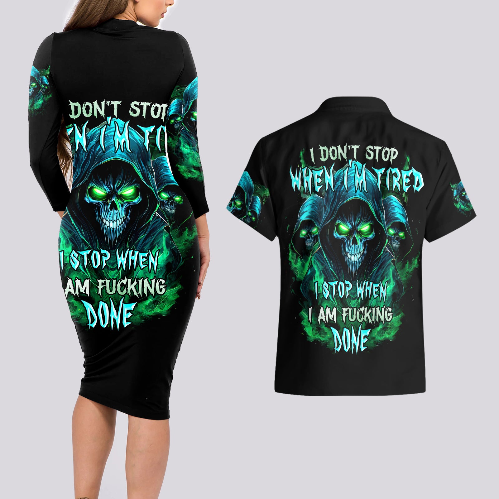 Flame Skull Couples Matching Long Sleeve Bodycon Dress and Hawaiian Shirt I Don't Stop When I Tired I Stop When I Fucking Done - Wonder Print Shop