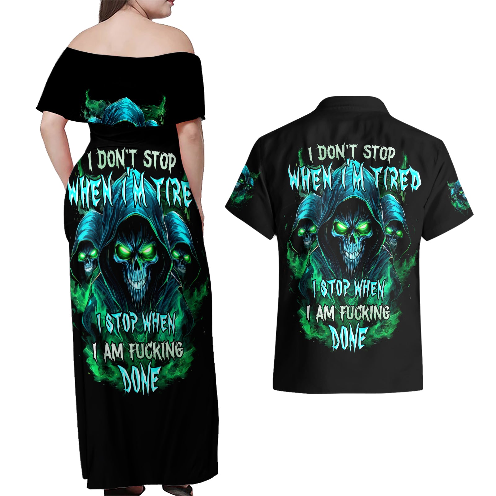 Flame Skull Couples Matching Off Shoulder Maxi Dress and Hawaiian Shirt I Don't Stop When I Tired I Stop When I Fucking Done - Wonder Print Shop