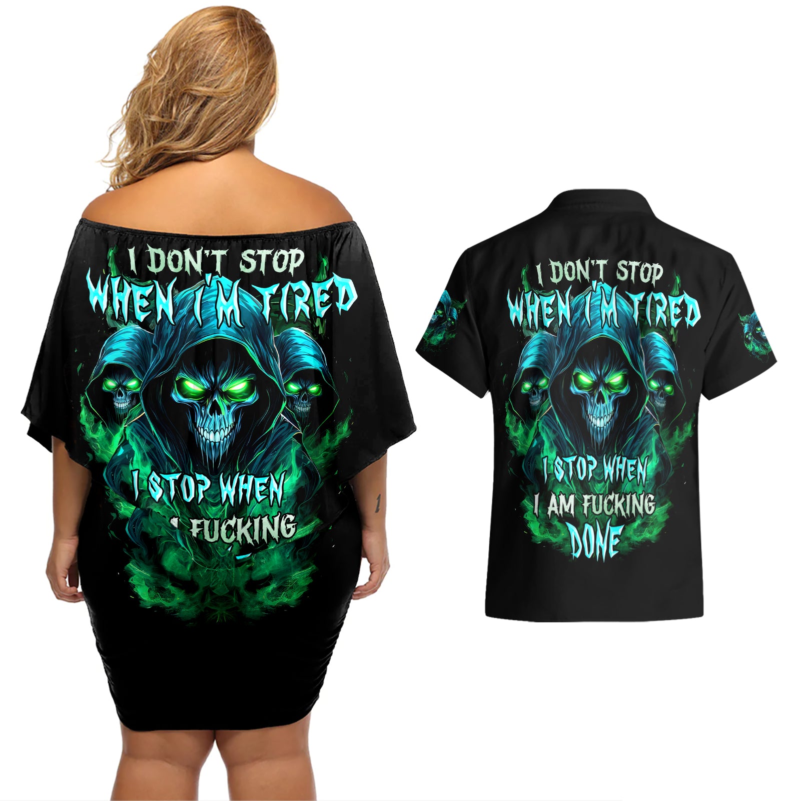 Flame Skull Couples Matching Off Shoulder Short Dress and Hawaiian Shirt I Don't Stop When I Tired I Stop When I Fucking Done - Wonder Print Shop