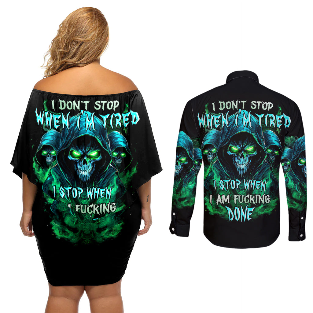 Flame Skull Couples Matching Off Shoulder Short Dress and Long Sleeve Button Shirt I Don't Stop When I Tired I Stop When I Fucking Done - Wonder Print Shop