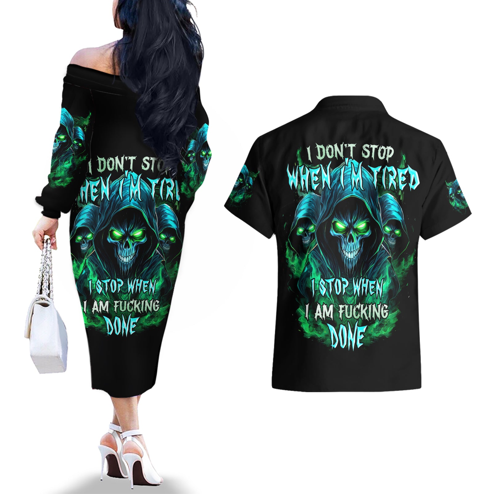 Flame Skull Couples Matching Off The Shoulder Long Sleeve Dress and Hawaiian Shirt I Don't Stop When I Tired I Stop When I Fucking Done - Wonder Print Shop