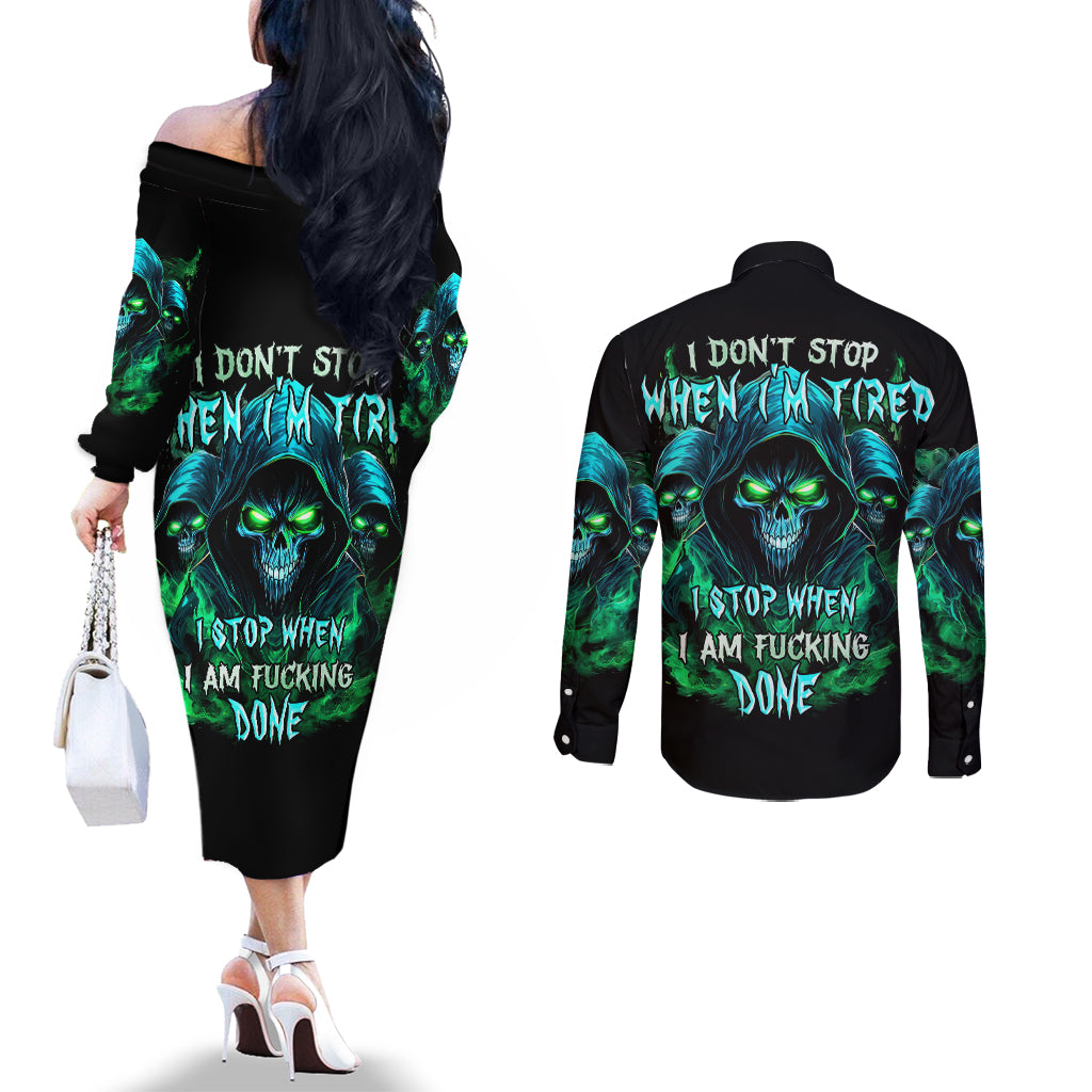 Flame Skull Couples Matching Off The Shoulder Long Sleeve Dress and Long Sleeve Button Shirt I Don't Stop When I Tired I Stop When I Fucking Done