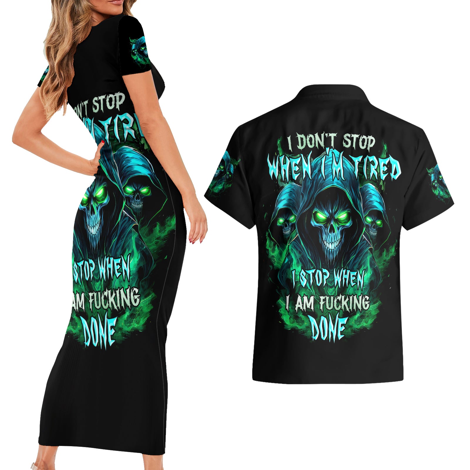 Flame Skull Couples Matching Short Sleeve Bodycon Dress and Hawaiian Shirt I Don't Stop When I Tired I Stop When I Fucking Done - Wonder Print Shop