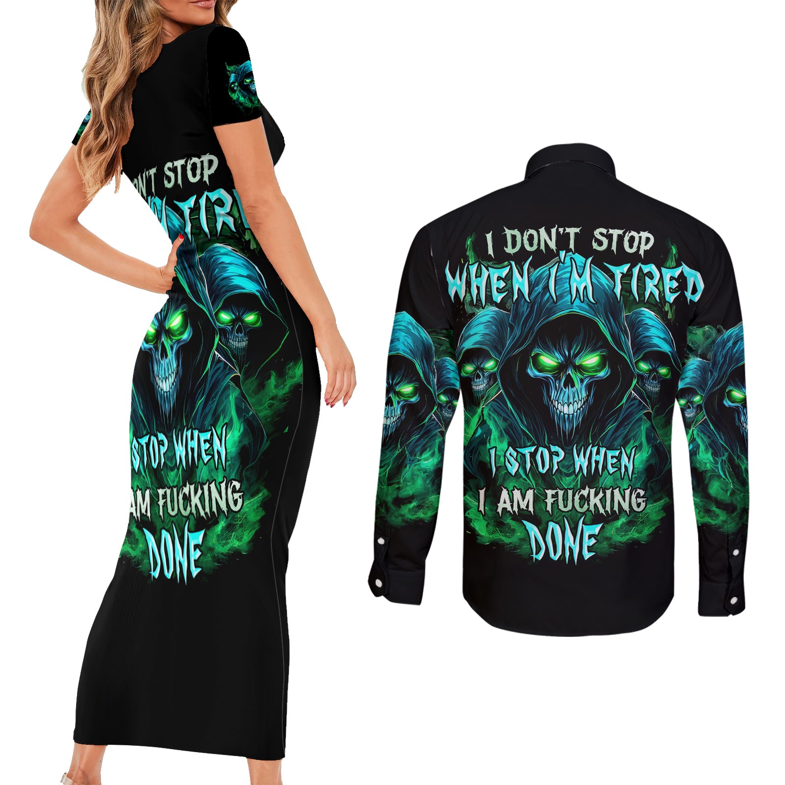 Flame Skull Couples Matching Short Sleeve Bodycon Dress and Long Sleeve Button Shirt I Don't Stop When I Tired I Stop When I Fucking Done - Wonder Print Shop