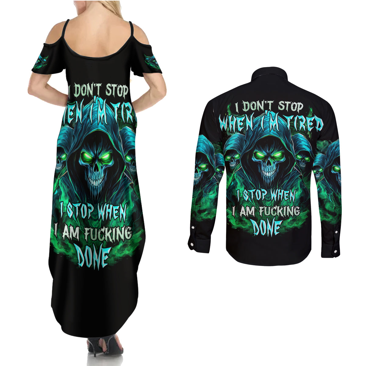 Flame Skull Couples Matching Summer Maxi Dress and Long Sleeve Button Shirt I Don't Stop When I Tired I Stop When I Fucking Done - Wonder Print Shop