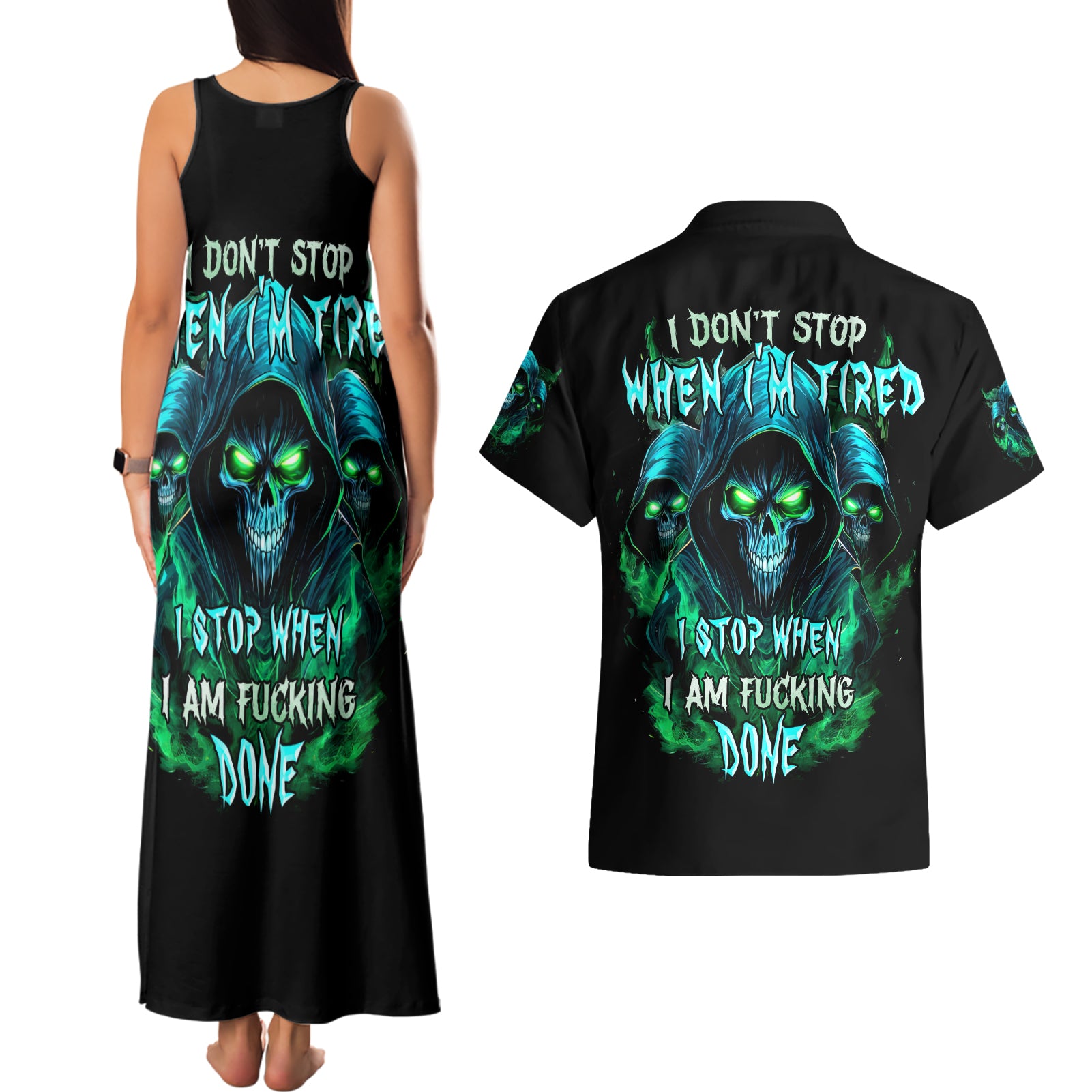 Flame Skull Couples Matching Tank Maxi Dress and Hawaiian Shirt I Don't Stop When I Tired I Stop When I Fucking Done - Wonder Print Shop