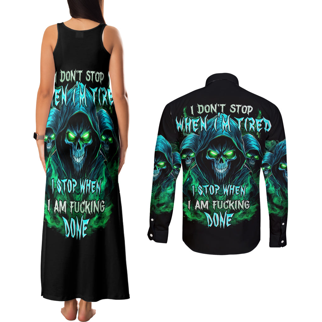 Flame Skull Couples Matching Tank Maxi Dress and Long Sleeve Button Shirt I Don't Stop When I Tired I Stop When I Fucking Done - Wonder Print Shop