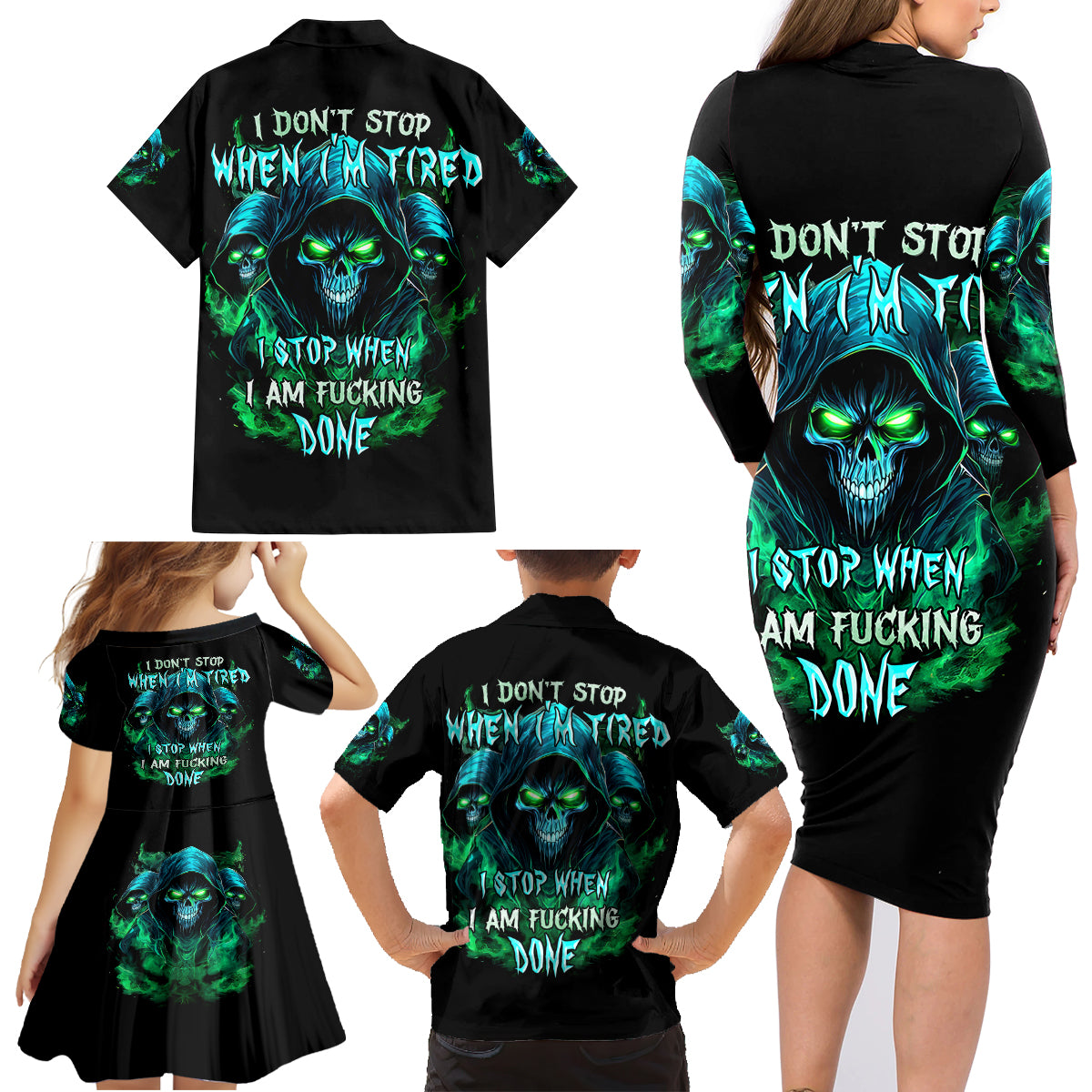 Flame Skull Family Matching Long Sleeve Bodycon Dress and Hawaiian Shirt I Don't Stop When I Tired I Stop When I Fucking Done - Wonder Print Shop