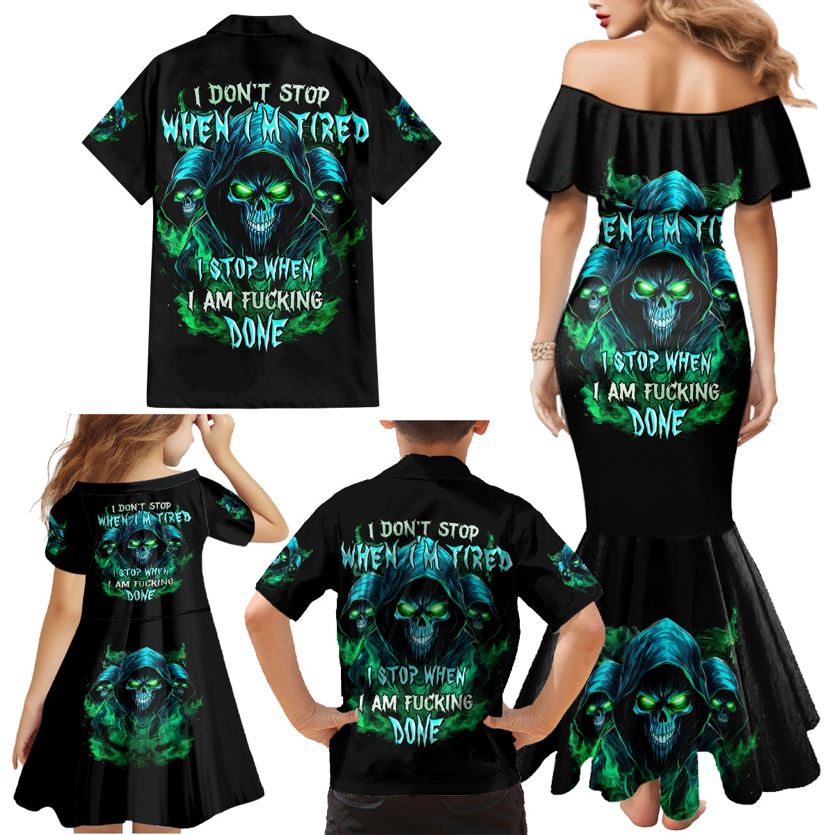 Flame Skull Family Matching Mermaid Dress and Hawaiian Shirt I Don't Stop When I Tired I Stop When I Fucking Done - Wonder Print Shop