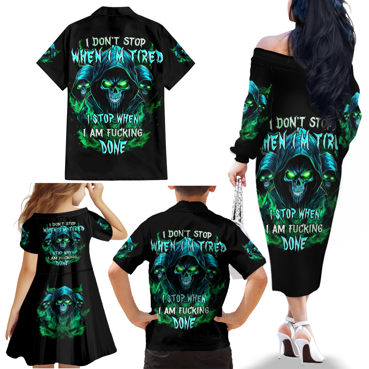 Flame Skull Family Matching Off Shoulder Long Sleeve Dress and Hawaiian Shirt I Don't Stop When I Tired I Stop When I Fucking Done - Wonder Print Shop