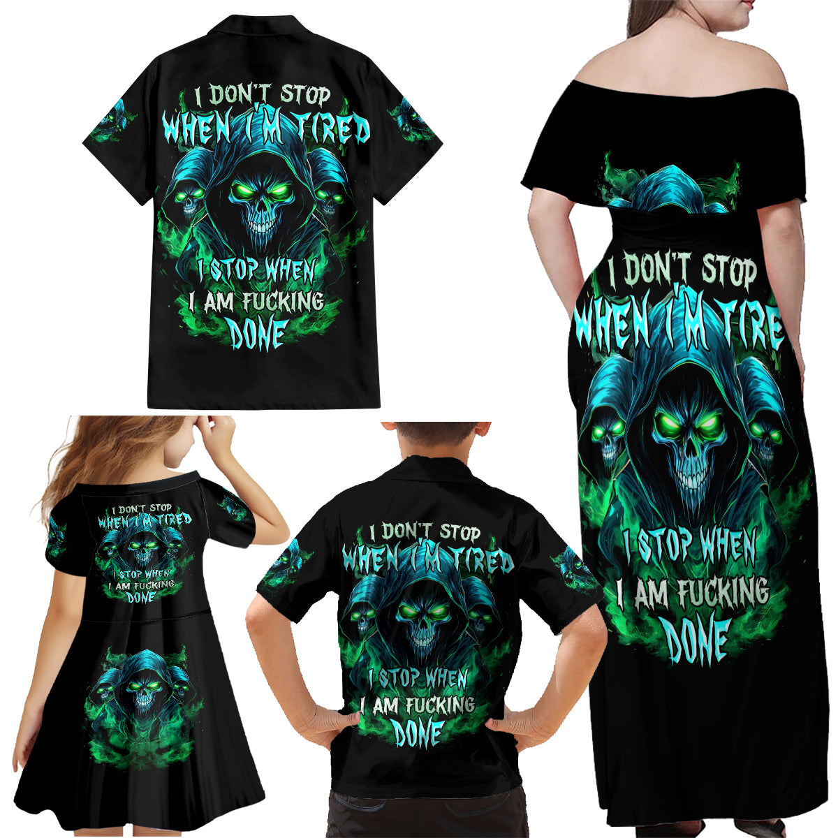 Flame Skull Family Matching Off Shoulder Maxi Dress and Hawaiian Shirt I Don't Stop When I Tired I Stop When I Fucking Done - Wonder Print Shop