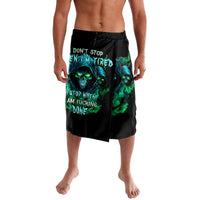 Black shorts with teal skull graphic and printed motivational text, knee length