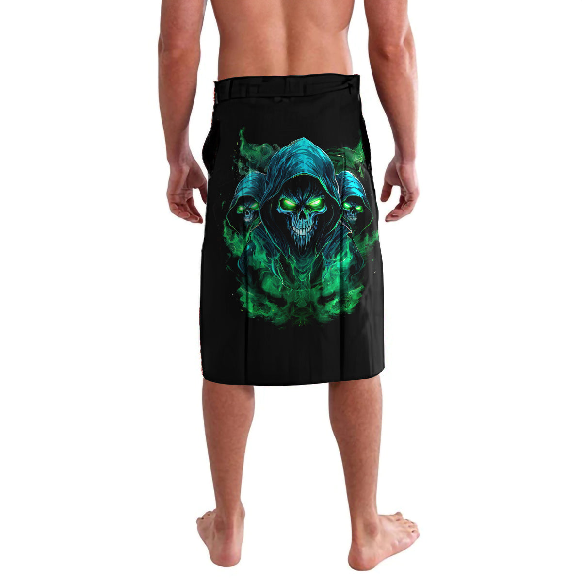 Black lavalava-style shorts with teal skull flame graphic, side slit detail