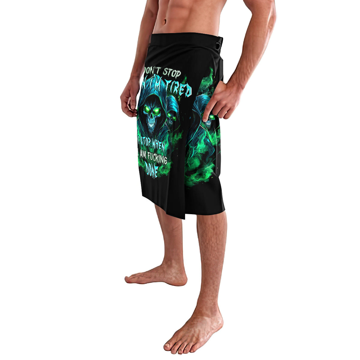 Black knee-length shorts with teal skull portrait graphic and side panel overlap