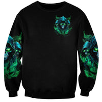 Black unisex sweatshirt with small chest skull flame print and neon green sleeve graphics