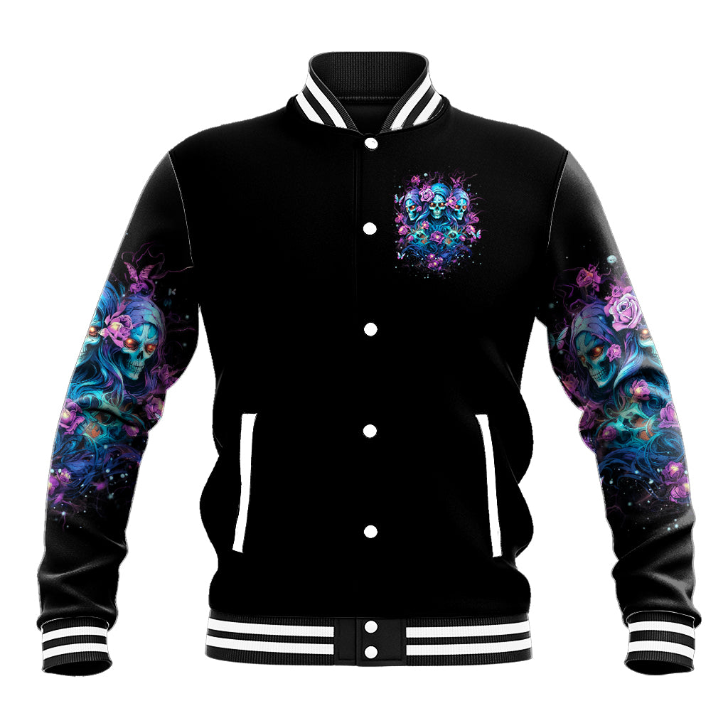Black baseball jacket with front skull-and-floral patch, snap buttons, and striped rib cuffs