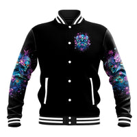Black baseball jacket with front skull-and-floral patch, snap buttons, and striped rib cuffs