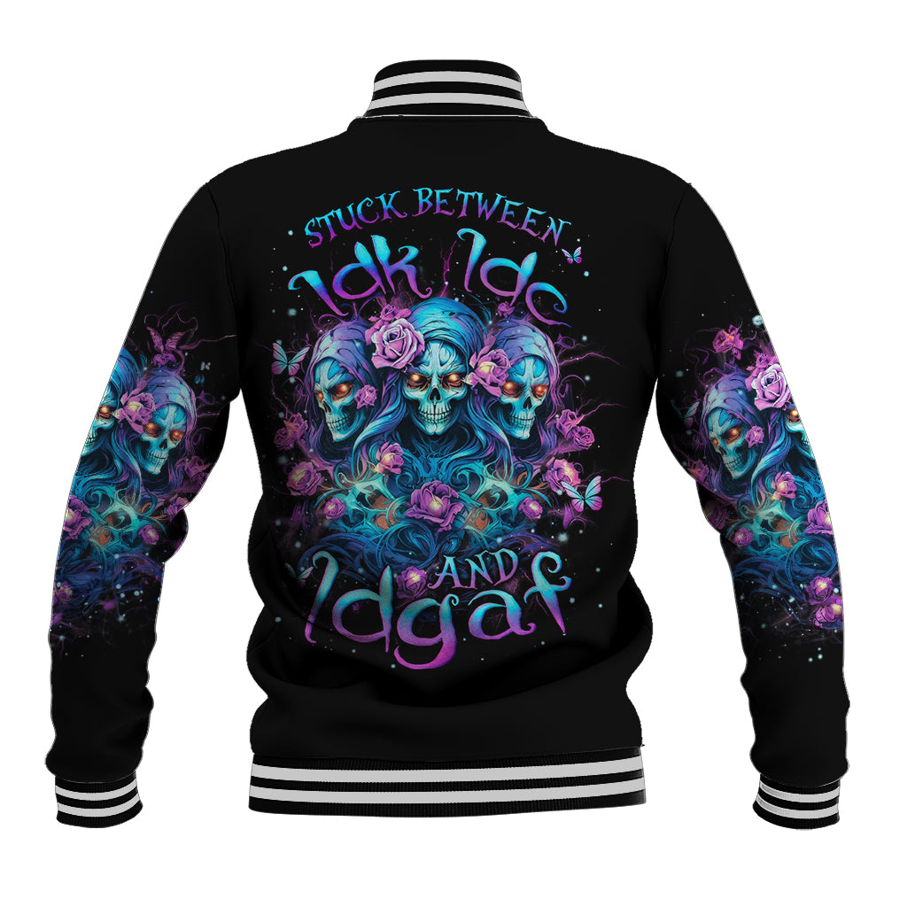 Rose Skull Baseball Jacket Stuck Between IDK IDC And IDGAF - Wonder Print Shop