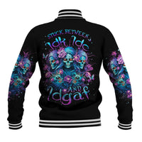 Black unisex baseball jacket with multicolor skull-and-rose back graphic and striped rib trim