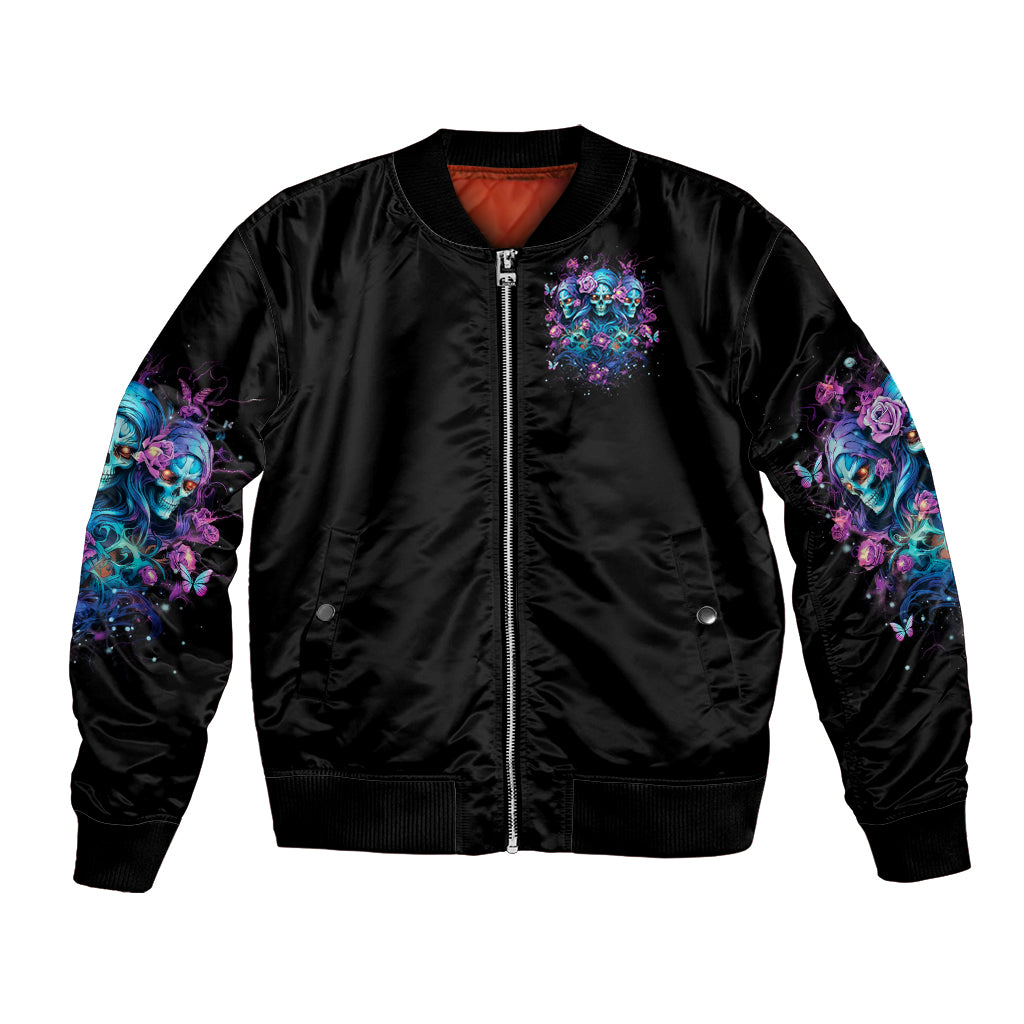 Black unisex bomber jacket with front rose skull graphic, full zipper, ribbed cuffs