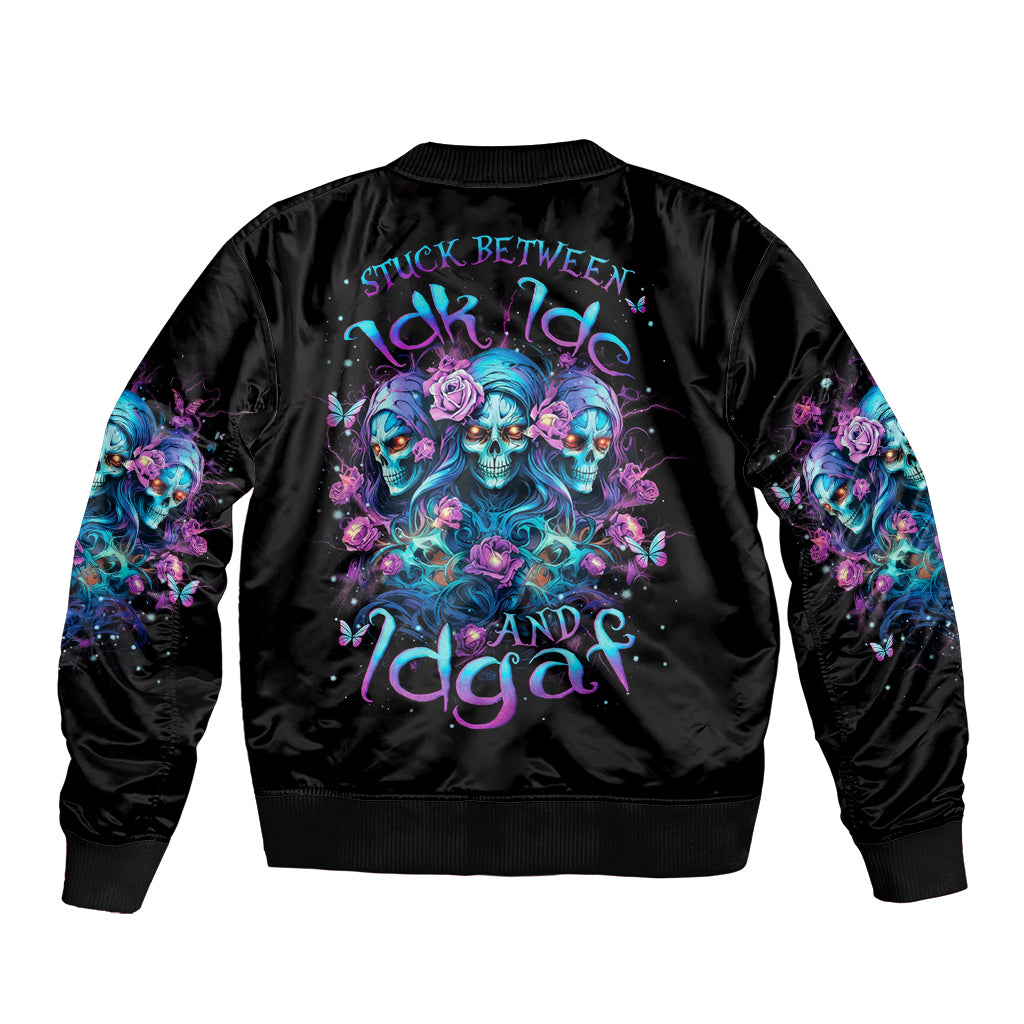 Black unisex bomber jacket with colorful rose skull back graphic and ribbed collar