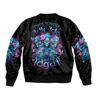 Black unisex bomber jacket with colorful rose skull back graphic and ribbed collar