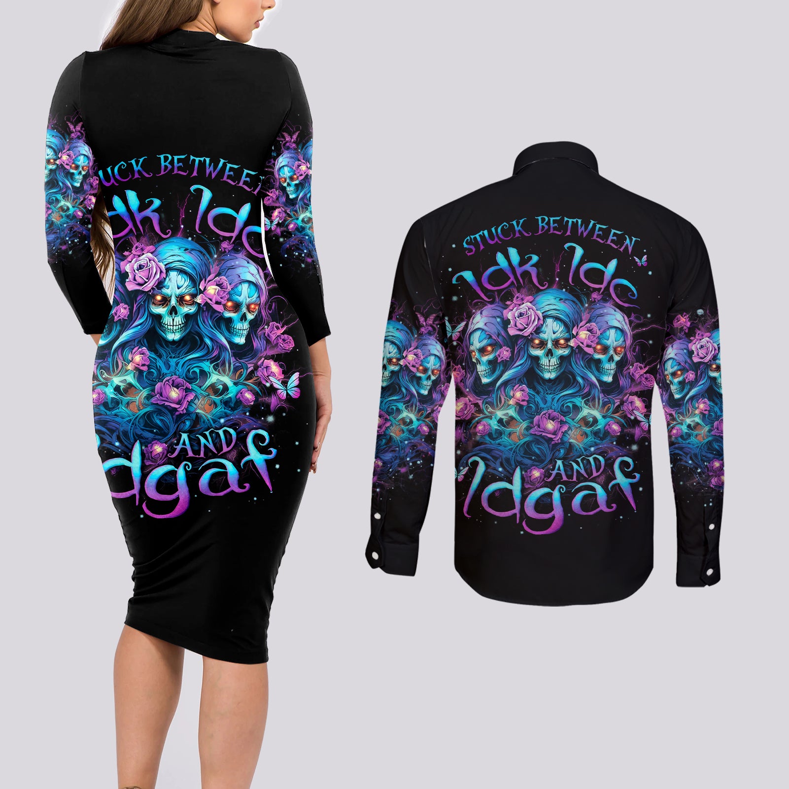 Rose Skull Couples Matching Long Sleeve Bodycon Dress and Long Sleeve Button Shirt Stuck Between IDK IDC And IDGAF - Wonder Print Shop