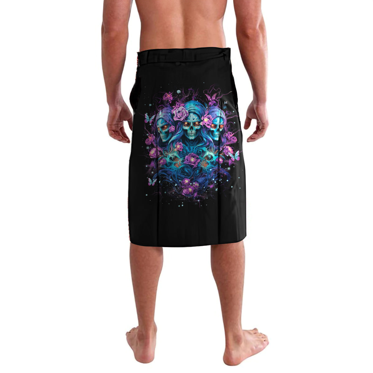 Black board shorts with colorful skull and rose graphic on front