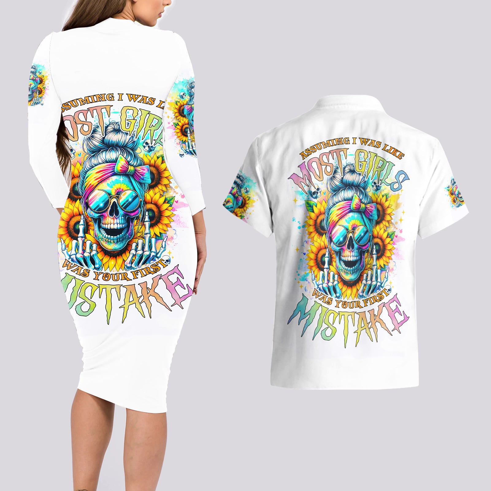 Skull Girl Couples Matching Long Sleeve Bodycon Dress and Hawaiian Shirt Assuming I Was Like Most Girls Was Your First Mistake - Wonder Print Shop