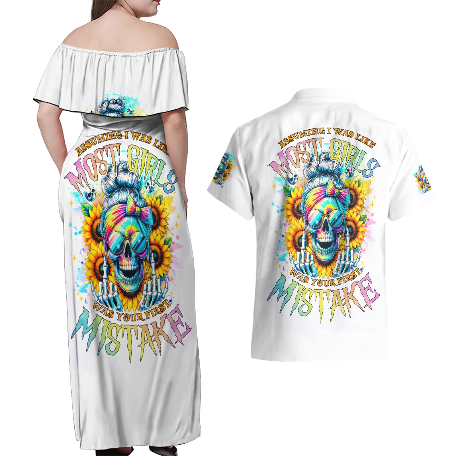 Skull Girl Couples Matching Off Shoulder Maxi Dress and Hawaiian Shirt Assuming I Was Like Most Girls Was Your First Mistake - Wonder Print Shop