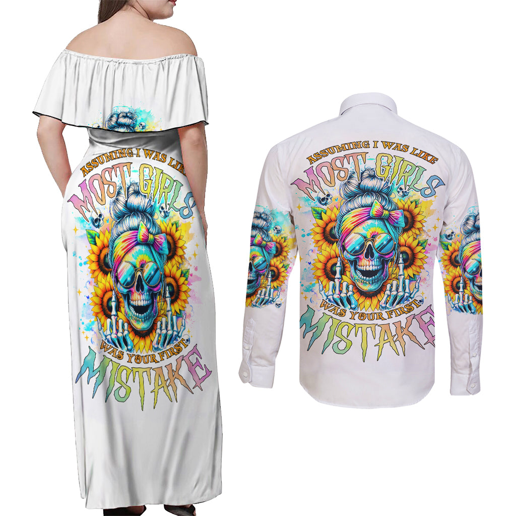 Skull Girl Couples Matching Off Shoulder Maxi Dress and Long Sleeve Button Shirt Assuming I Was Like Most Girls Was Your First Mistake - Wonder Print Shop