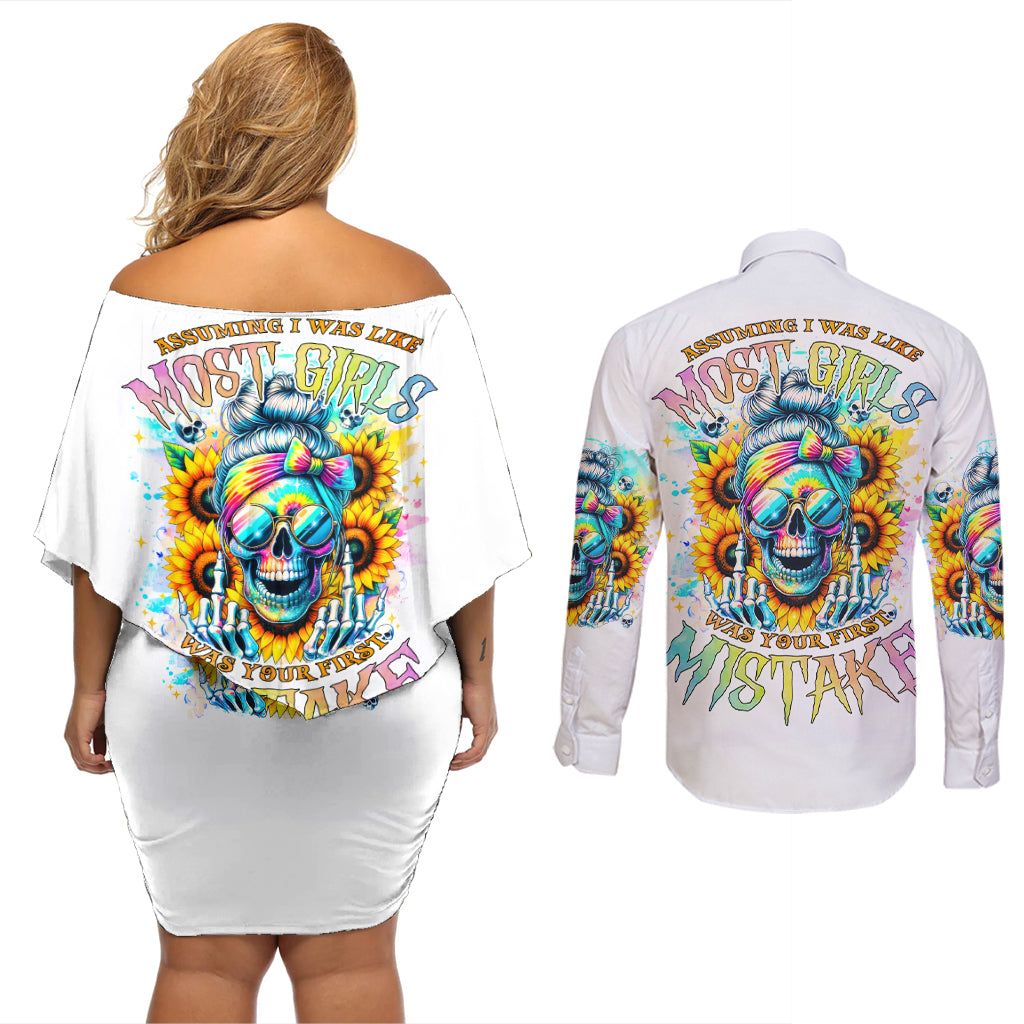 Skull Girl Couples Matching Off Shoulder Short Dress and Long Sleeve Button Shirt Assuming I Was Like Most Girls Was Your First Mistake - Wonder Print Shop