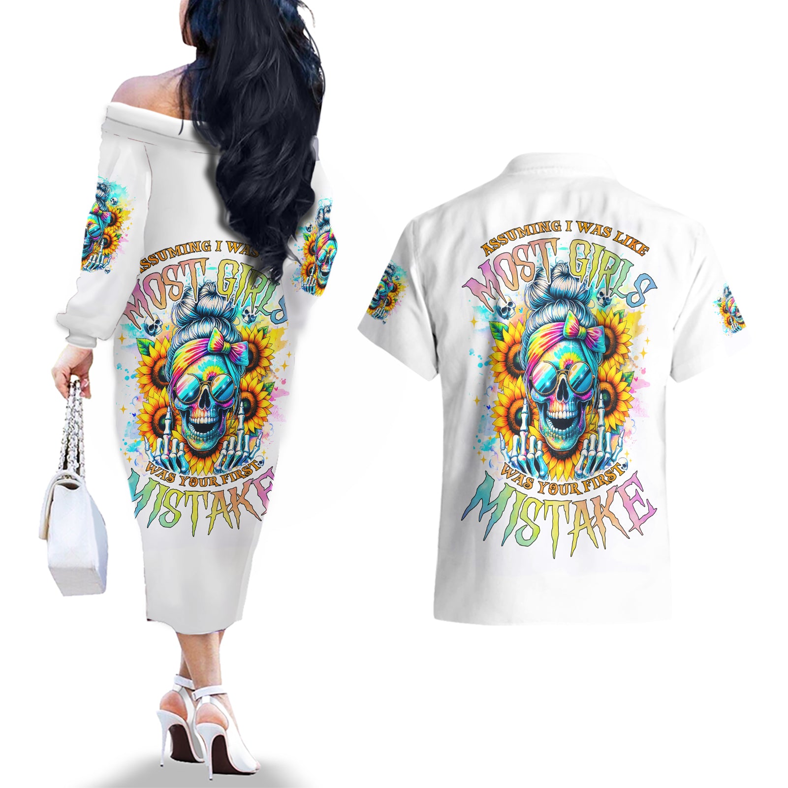 Skull Girl Couples Matching Off The Shoulder Long Sleeve Dress and Hawaiian Shirt Assuming I Was Like Most Girls Was Your First Mistake - Wonder Print Shop