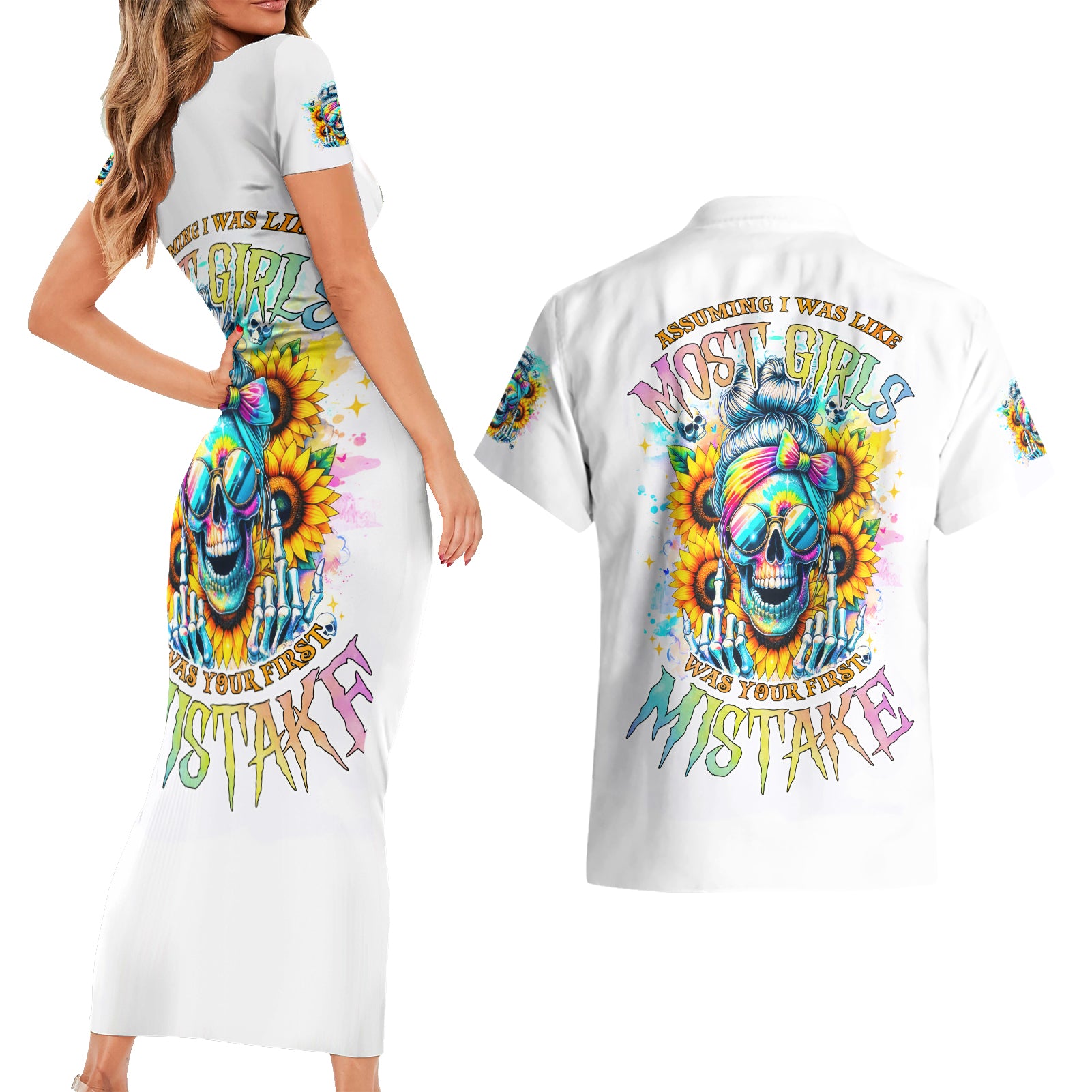 Skull Girl Couples Matching Short Sleeve Bodycon Dress and Hawaiian Shirt Assuming I Was Like Most Girls Was Your First Mistake - Wonder Print Shop