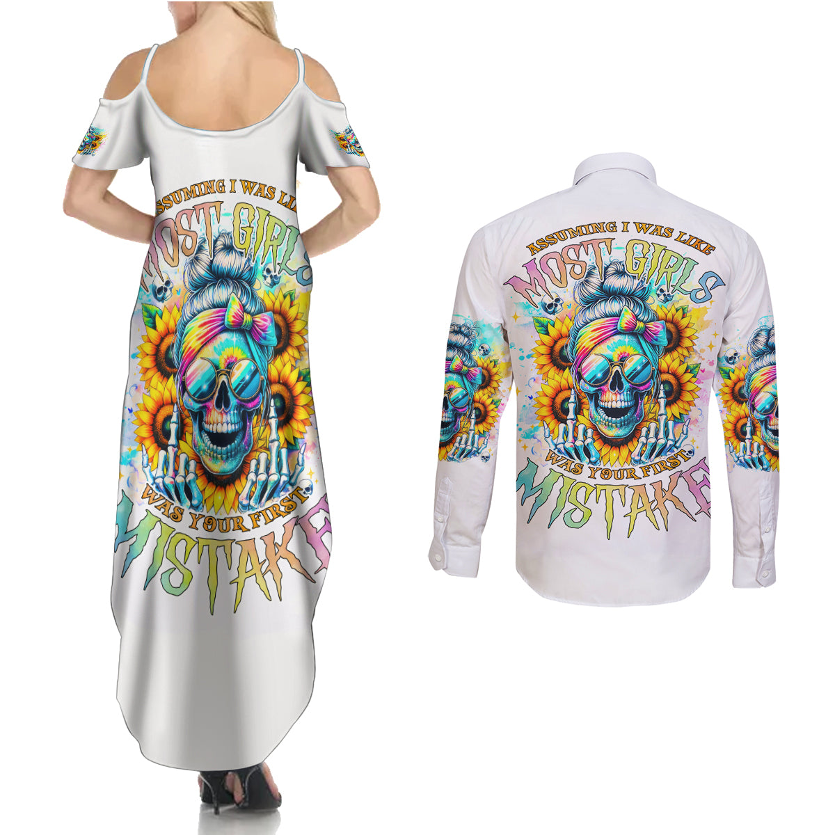 Skull Girl Couples Matching Summer Maxi Dress and Long Sleeve Button Shirt Assuming I Was Like Most Girls Was Your First Mistake - Wonder Print Shop