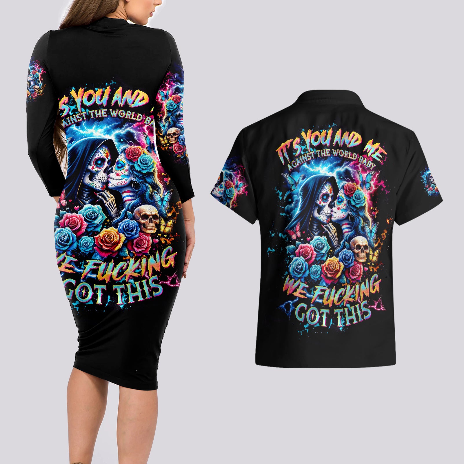 Couple Skull Couples Matching Long Sleeve Bodycon Dress and Hawaiian Shirt It't You And Me Against The World Baby - Wonder Print Shop