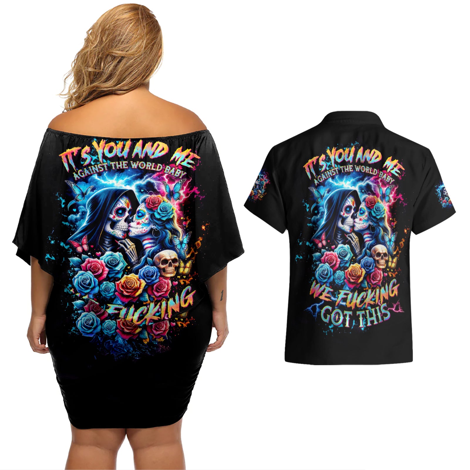 Couple Skull Couples Matching Off Shoulder Short Dress and Hawaiian Shirt It't You And Me Against The World Baby - Wonder Print Shop