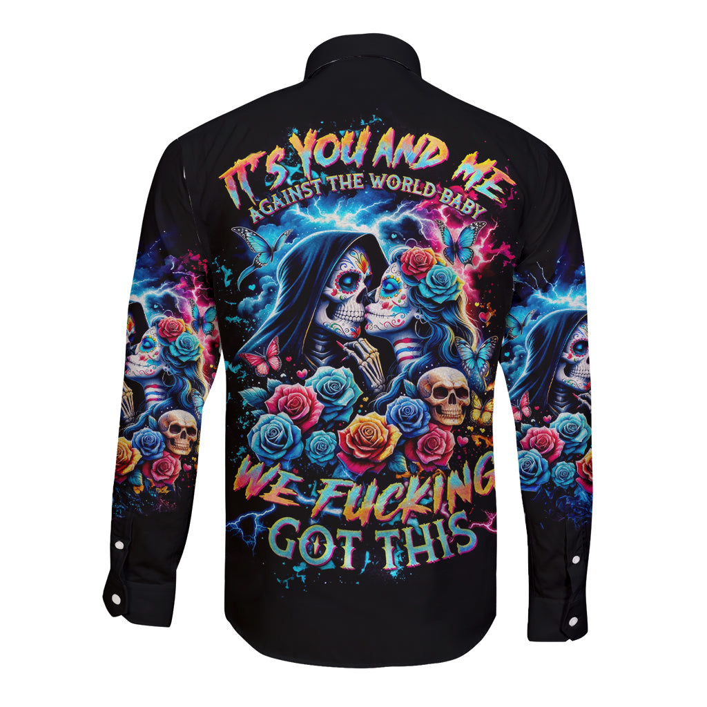 Couple Skull Long Sleeve Button Shirt It't You And Me Against The World Baby - Wonder Print Shop