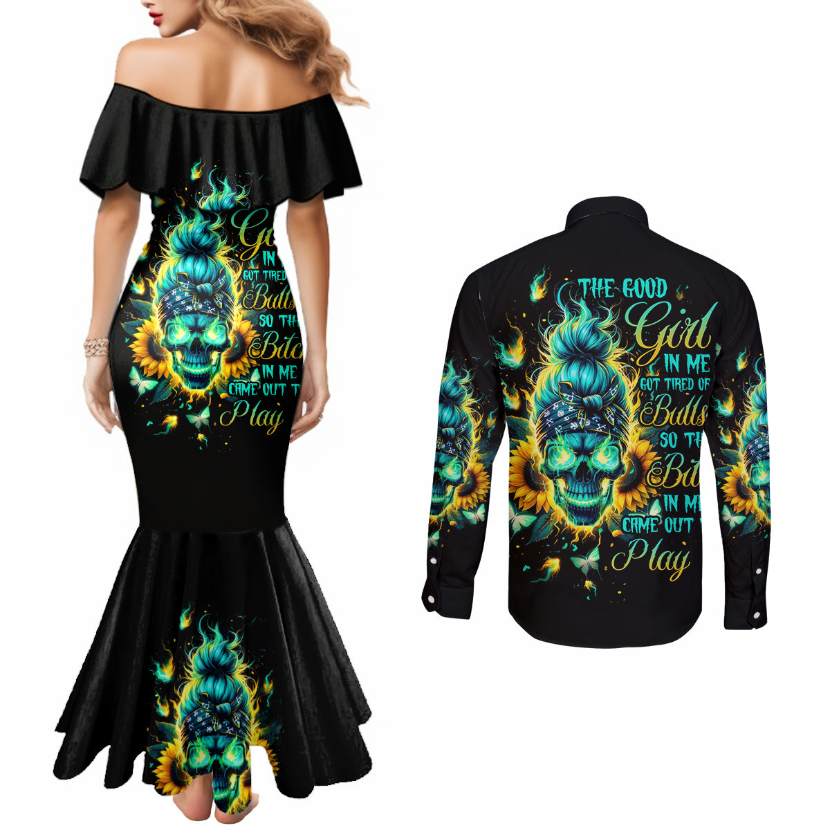 Flame Skull Couples Matching Mermaid Dress and Long Sleeve Button Shirt The Good Girl In Me Got Tired Of The Bullshit