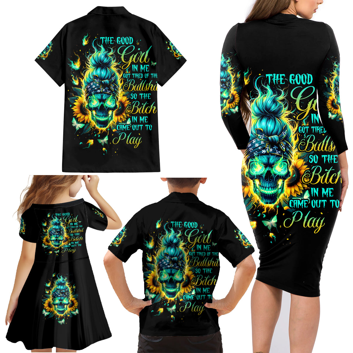 Flame Skull Family Matching Long Sleeve Bodycon Dress and Hawaiian Shirt The Good Girl In Me Got Tired Of The Bullshit - Wonder Print Shop