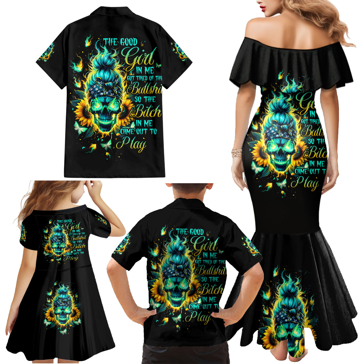 Flame Skull Family Matching Mermaid Dress and Hawaiian Shirt The Good Girl In Me Got Tired Of The Bullshit - Wonder Print Shop