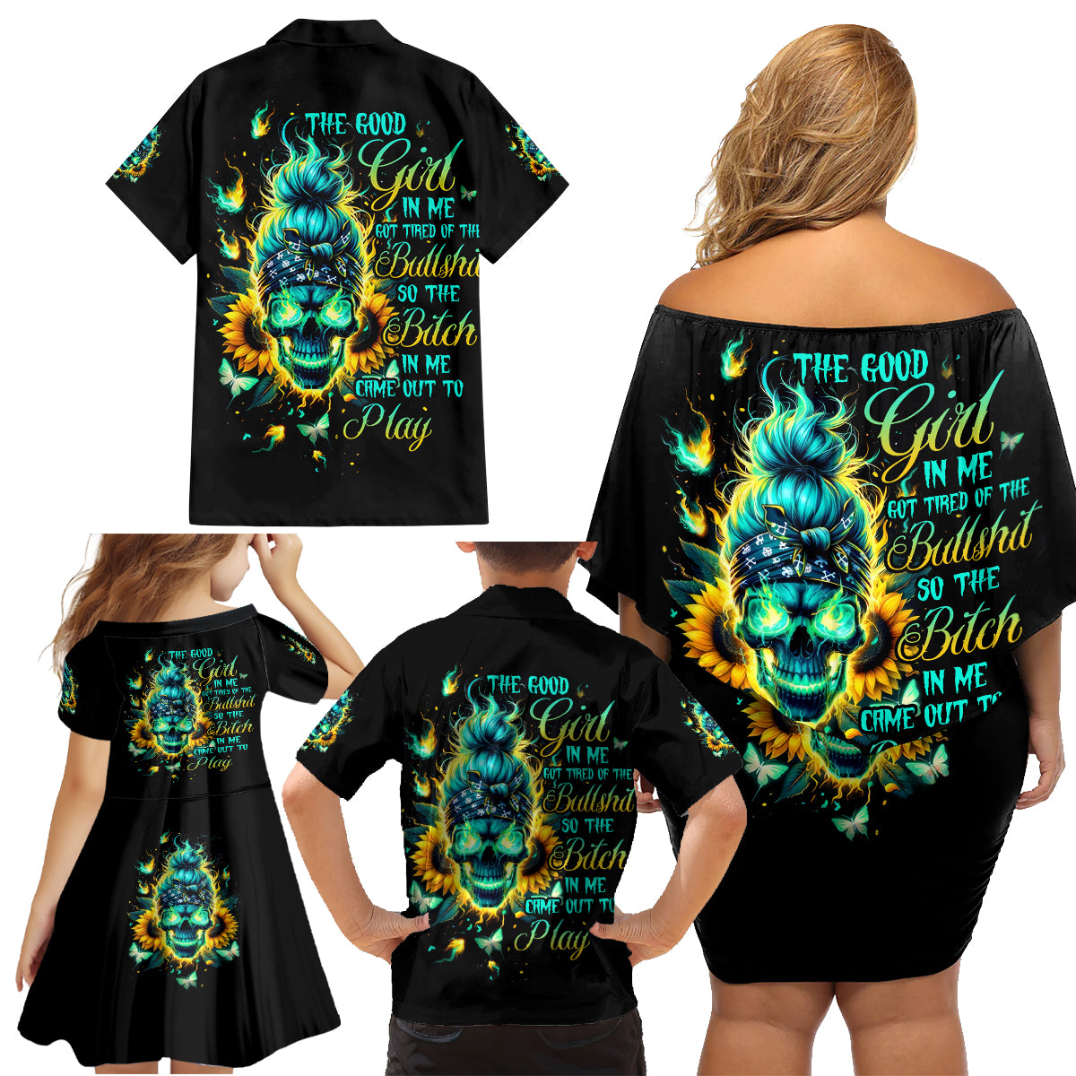 Flame Skull Family Matching Off Shoulder Short Dress and Hawaiian Shirt The Good Girl In Me Got Tired Of The Bullshit - Wonder Print Shop