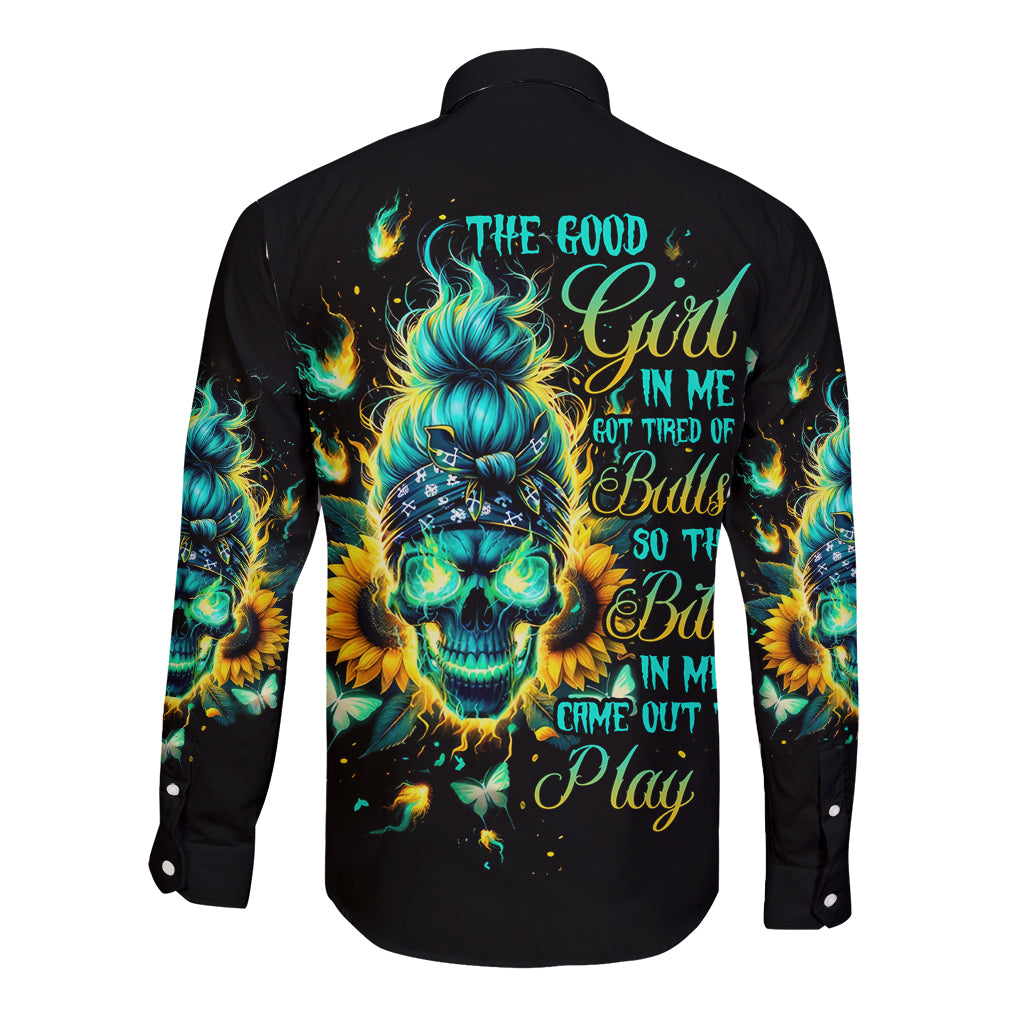 Flame Skull Long Sleeve Button Shirt The Good Girl In Me Got Tired Of The Bullshit - Wonder Print Shop