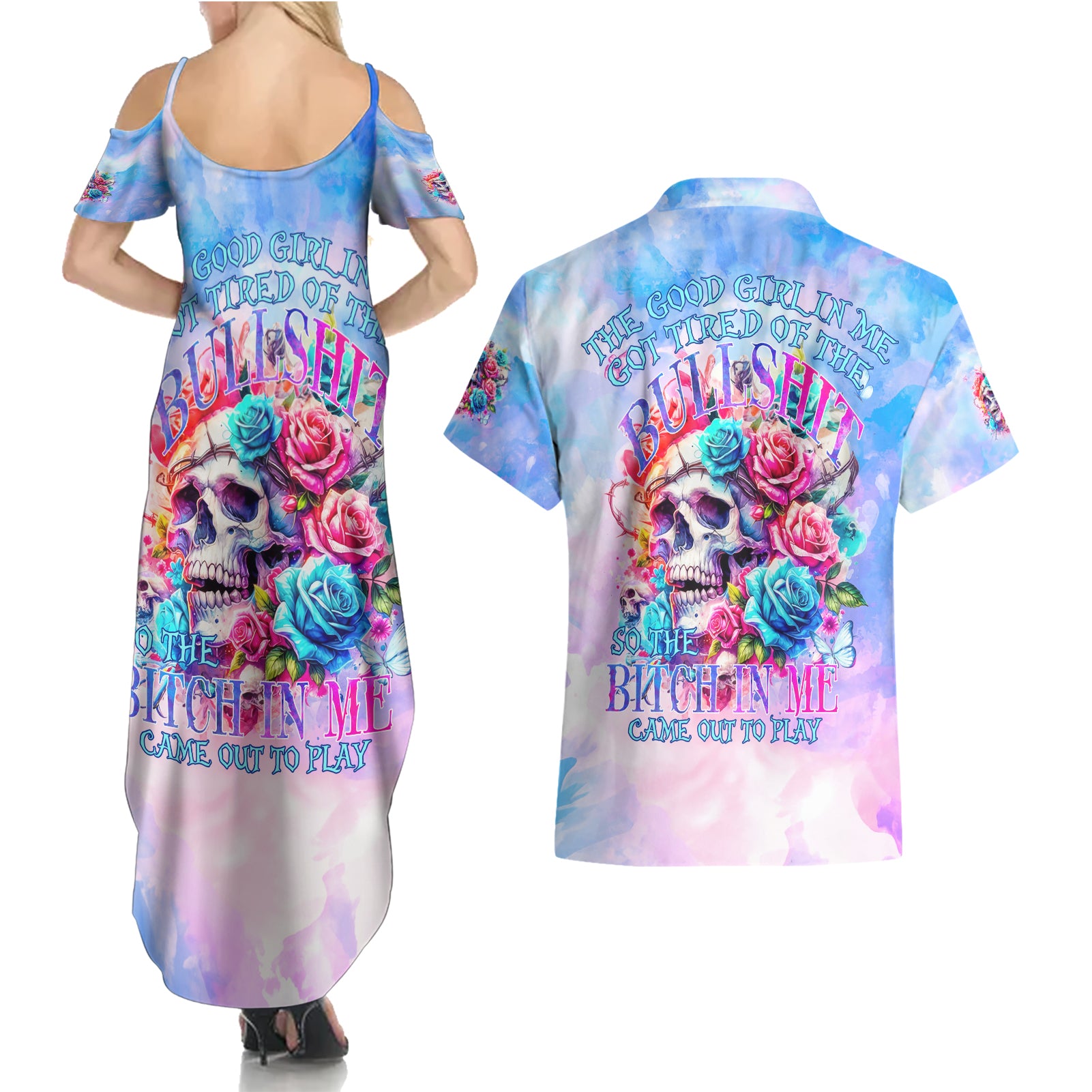 Rose Skull Couples Matching Summer Maxi Dress and Hawaiian Shirt The Good Girl In Me Got Tired Of The Bullshit - Wonder Print Shop