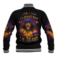 Black baseball jacket with flame skull graphic and striped ribbed collar cuffs