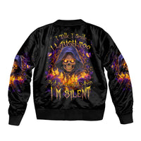 Black bomber jacket with flame skull graphic on back, ribbed collar and cuffs