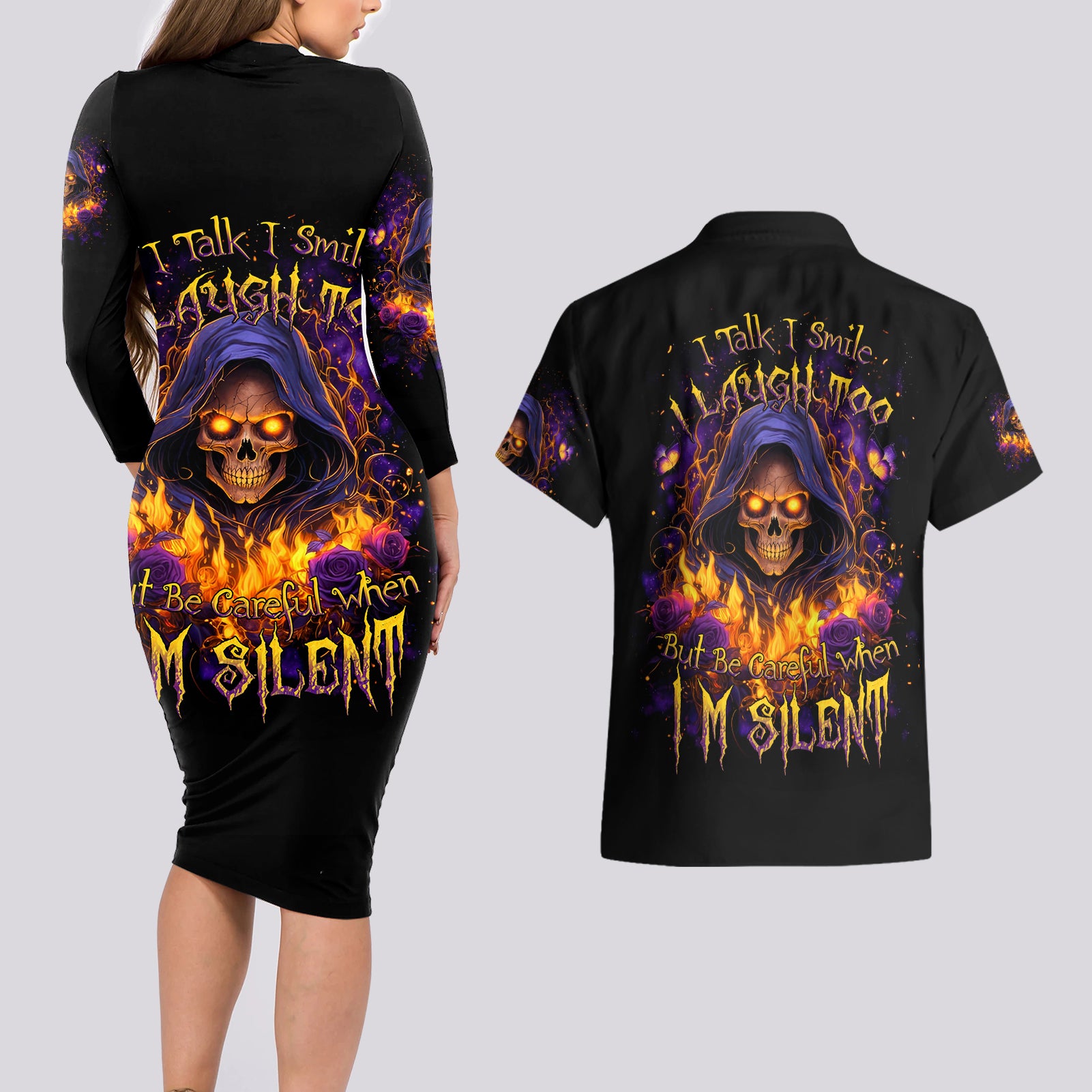 Flame Skull Couples Matching Long Sleeve Bodycon Dress and Hawaiian Shirt I Talk I Smite But Be Careful When I Silent - Wonder Print Shop